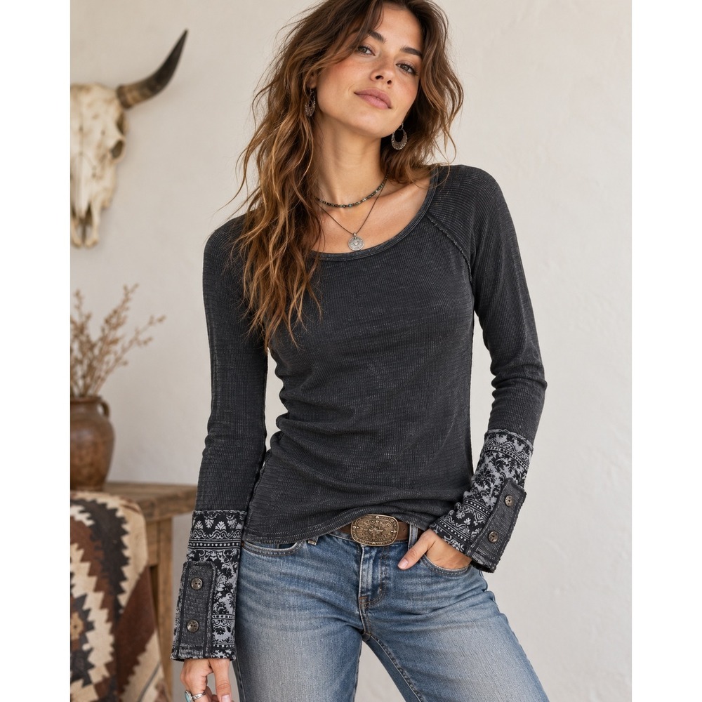 Able USA Thermal Top Womens M Gray Damask Cuff Waffle Knit Boho Western Grunge